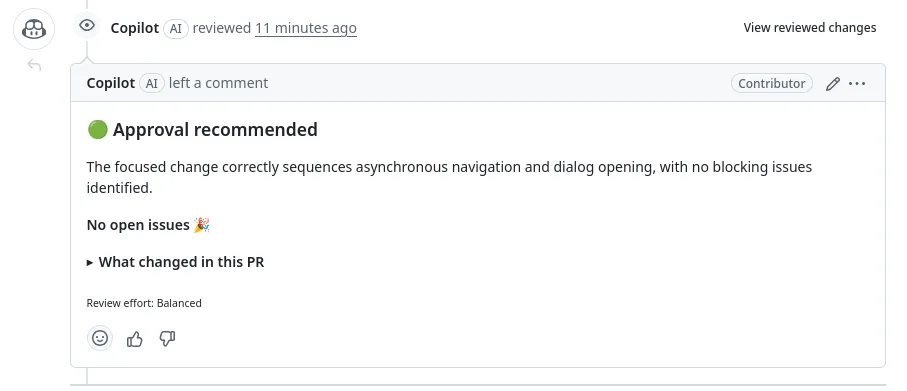 A Copilot review on a pull request, with the heading Approval recommended, a sentence that sums up the change, and the line No open issues