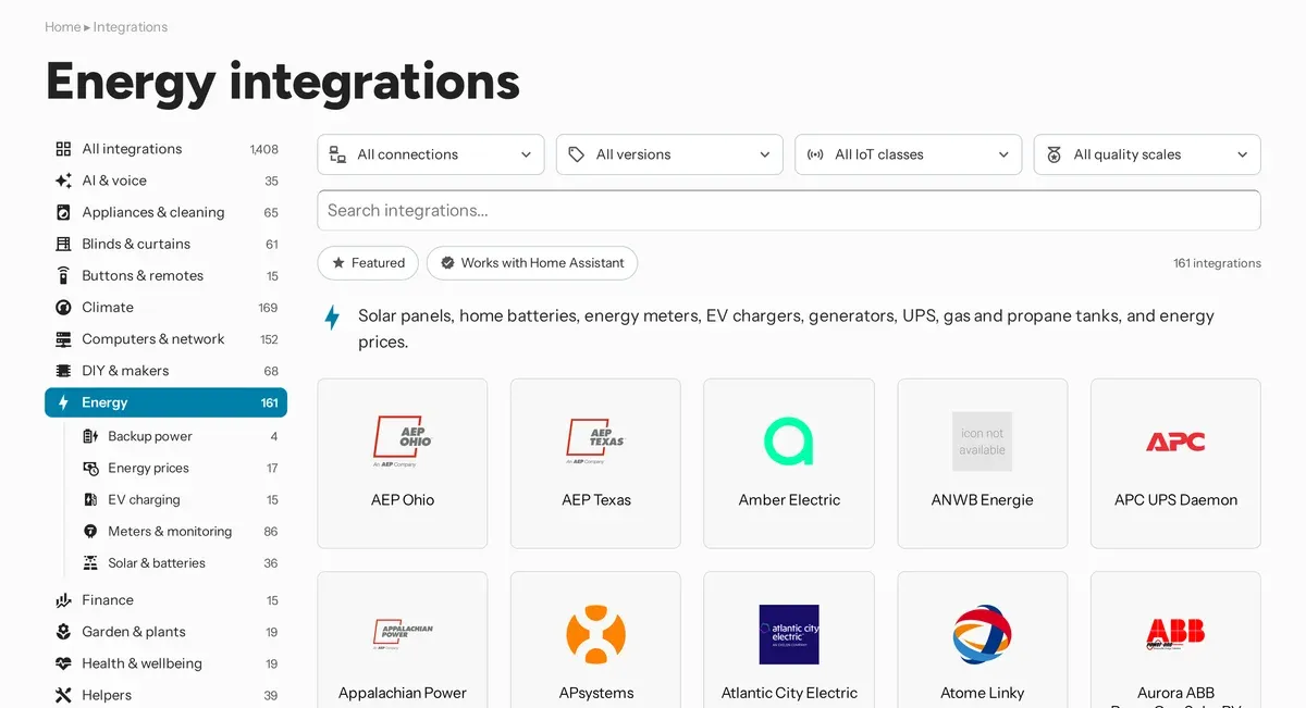 The Energy category on the integrations page of home-assistant.io, with its subcategories in the sidebar