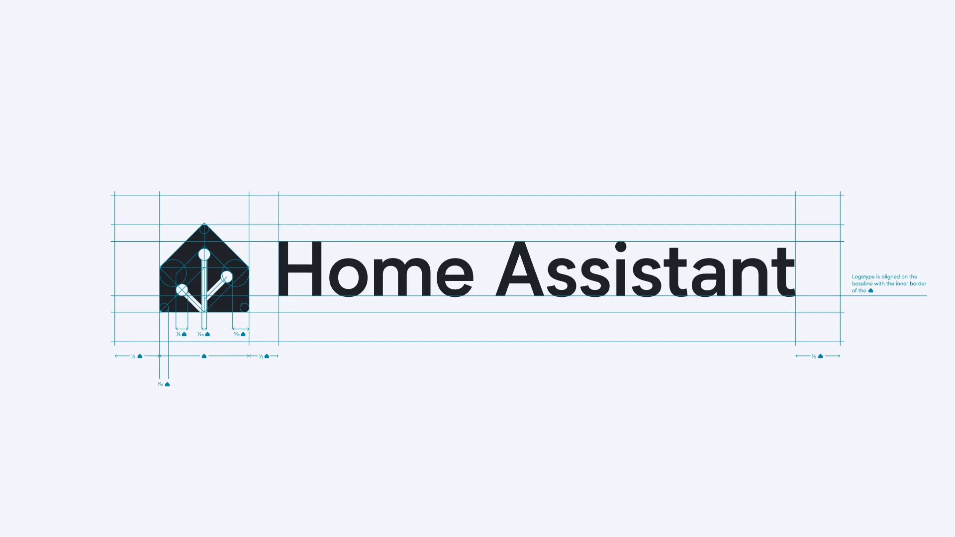 The construction grid of the horizontal logo, with its spacing measured in parts of the logomark, and the wordmark aligned on the baseline with the inner border of the house
