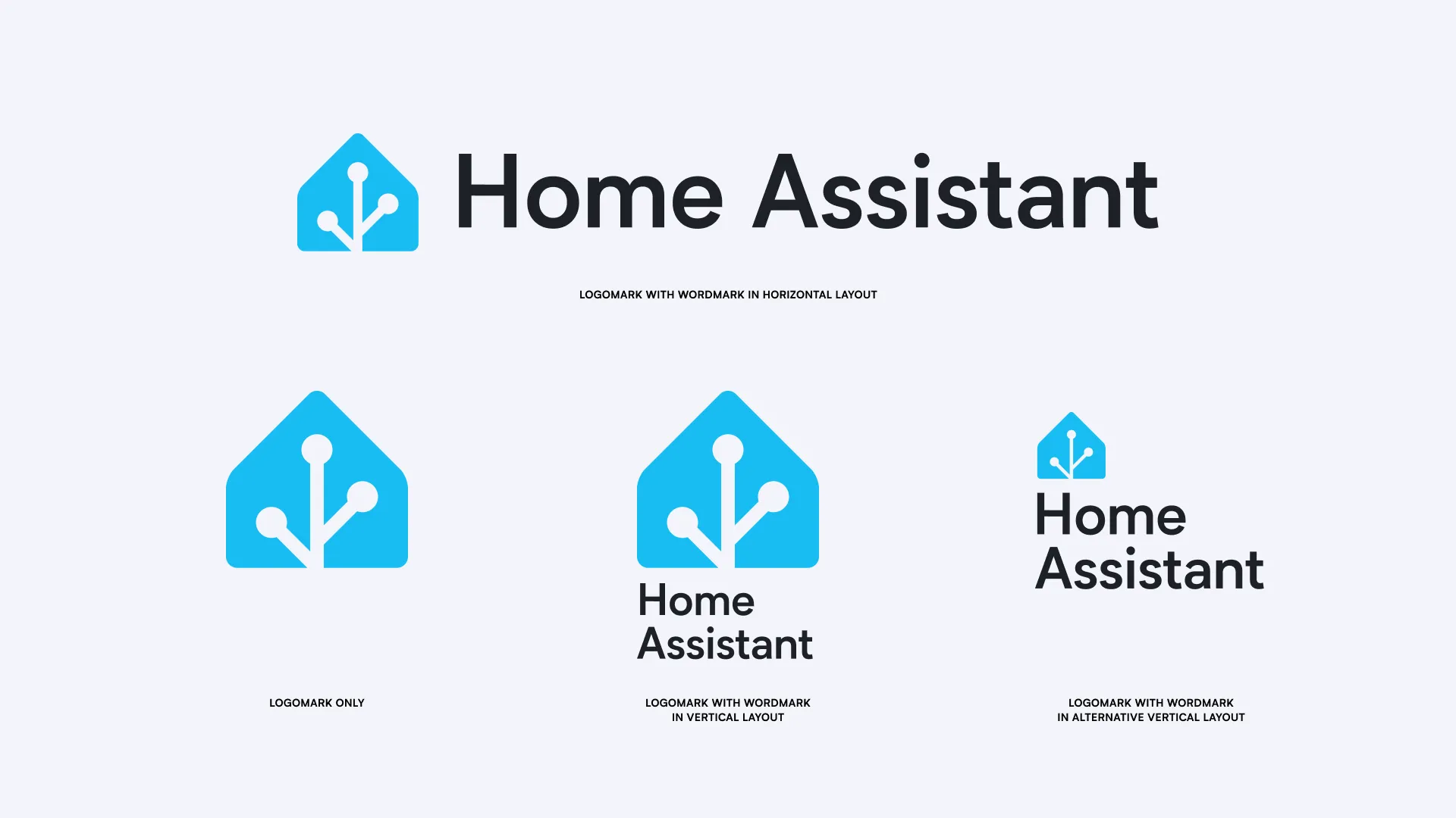 The four layout variants: the logomark with the wordmark in a horizontal layout, the logomark only, the logomark with the wordmark in a vertical layout, and a vertical layout with a smaller logomark